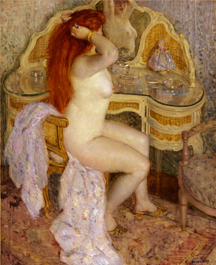 弗雷德里克·卡尔·弗里塞克 (Frederick Carl Frieseke)-坐在梳妆台前的女子油画 美国