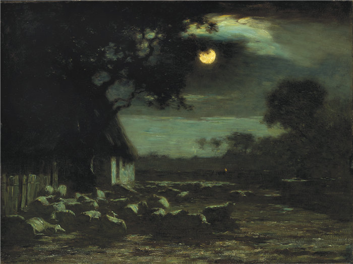 霍雷肖·沃克 (Horatio Walker)-牧羊场，月光油画 美国