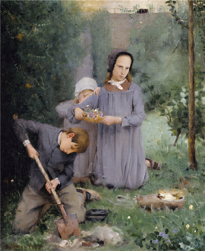 朱利安·奥尔登·威尔(Julian Alden Weir)-埋葬鸟的孩子油画 美国