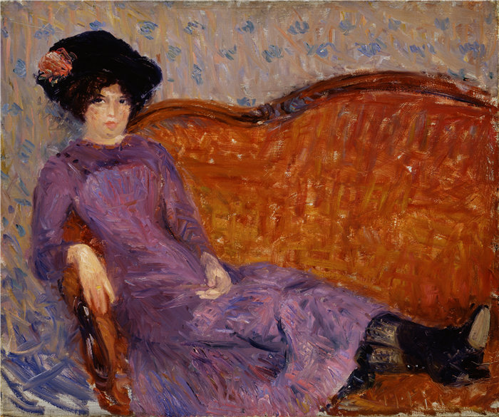 威廉·格拉肯斯 (William Glackens)-紫色连衣裙油画 美国