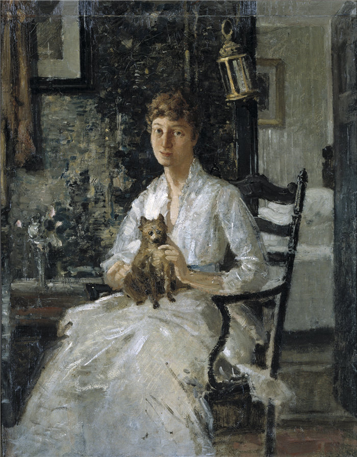 朱利安·奥尔登·威尔(Julian Alden Weir)-一位女士与狗的肖像油画 美国