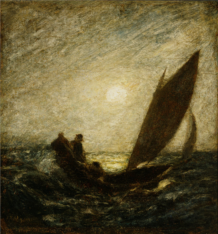 阿尔伯特·平克汉姆·莱德（Albert Pinkham Ryder）-带倾斜桅杆和倾斜船头油画 美国