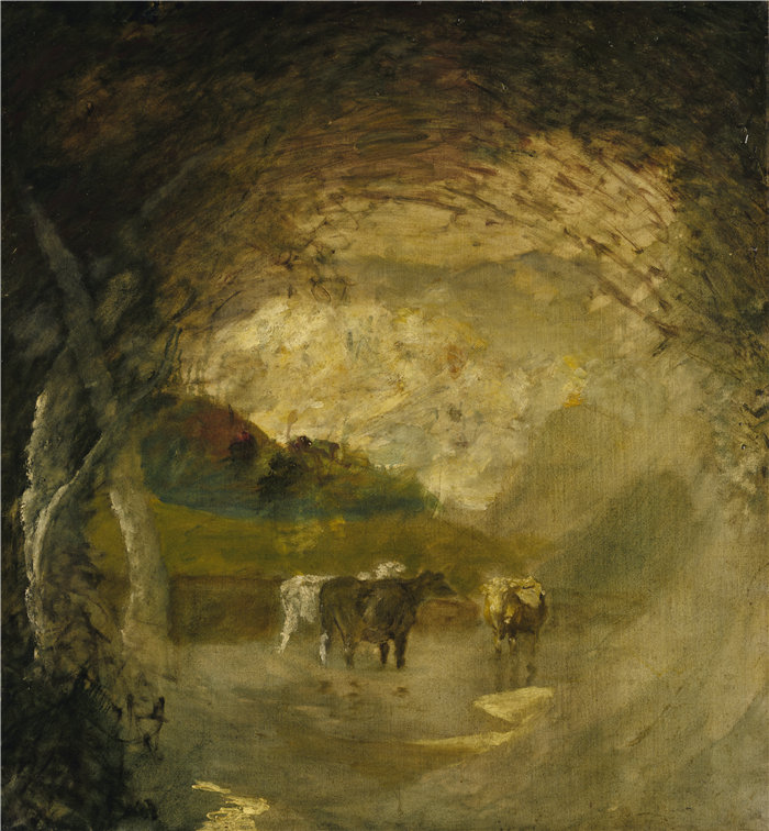 阿尔伯特·平克汉姆·莱德（Albert Pinkham Ryder）-有树和牛的风景油画 美国