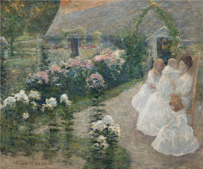 约翰·亨利·特瓦克曼（John Henry Twachtman），美国人，1853–1902 年-在露台上油画