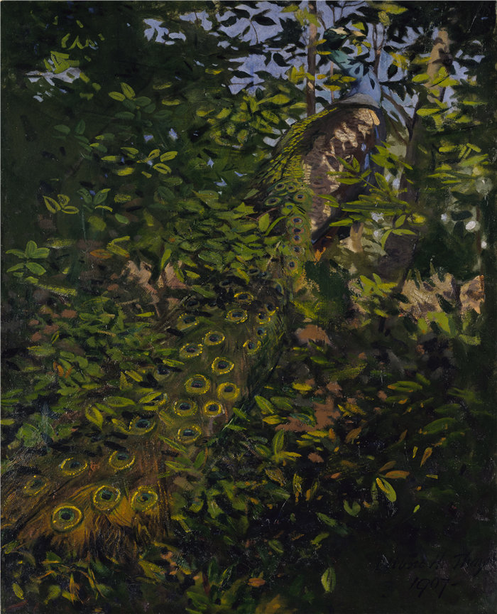 雅培·汉德森·塞耶 (Abbott Handerson Thayer)- 森林中的孔雀油画 美国