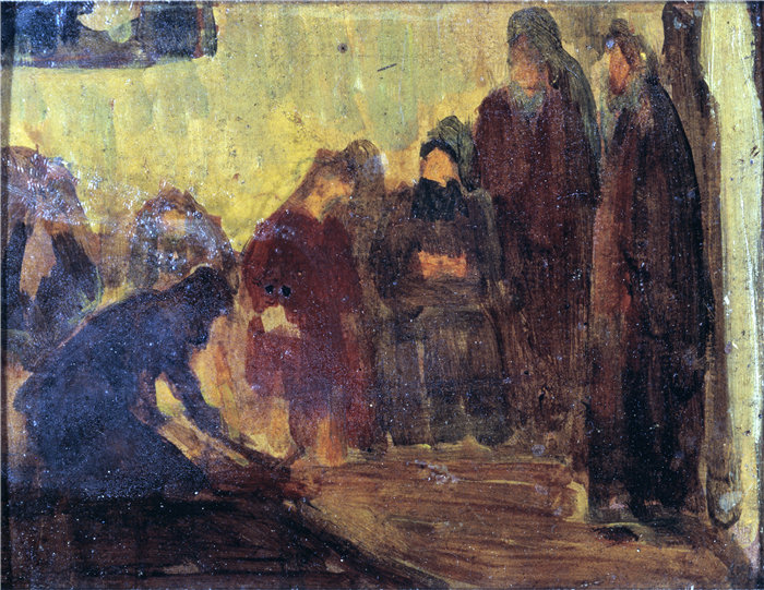 亨利·奥萨瓦·坦纳 (Henry Ossawa Tanner)-《学习,基督为门徒洗脚》油画 美国