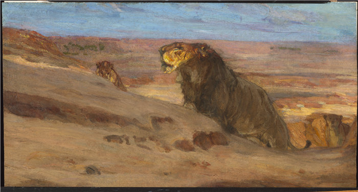 亨利·奥萨瓦·坦纳 (Henry Ossawa Tanner)-《沙漠中的狮子》油画 美国