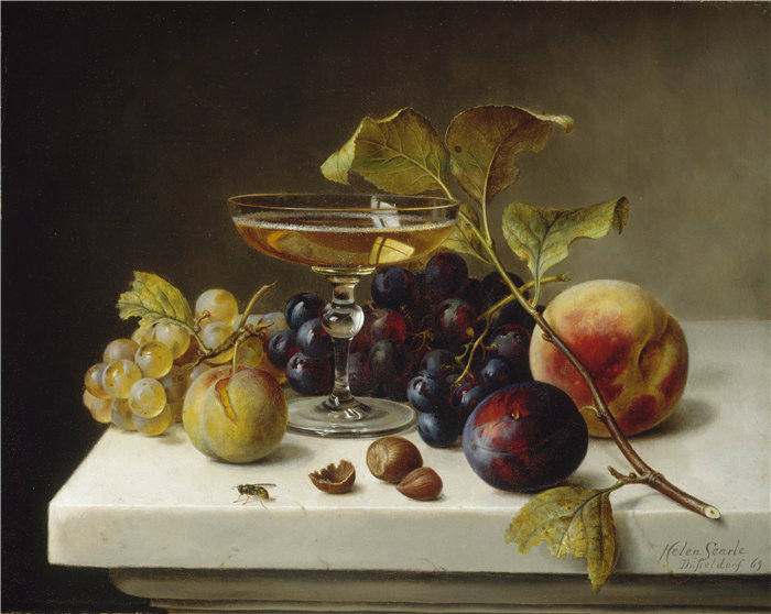海伦·塞尔 (Helen Searle)-《有水果和香槟的静物》油画 美国