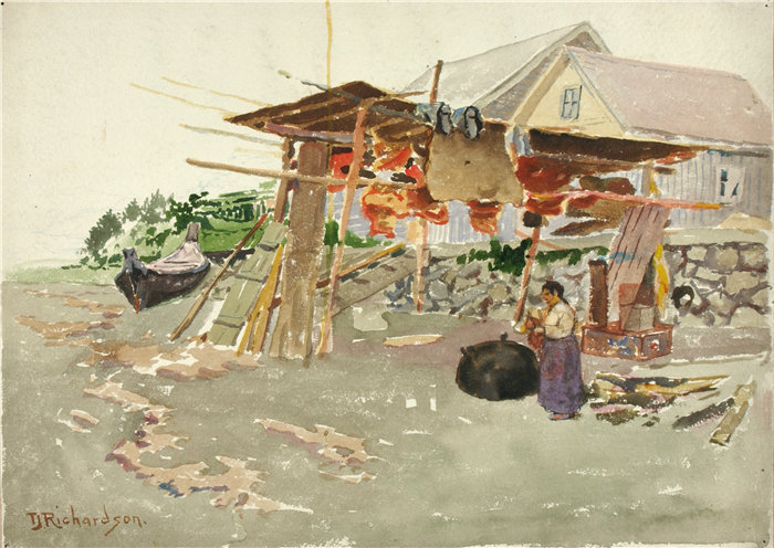 西奥多·J·理查森 (Theodore J. Richardson)-三文鱼干燥,印第安村,阿拉斯加水彩 美国