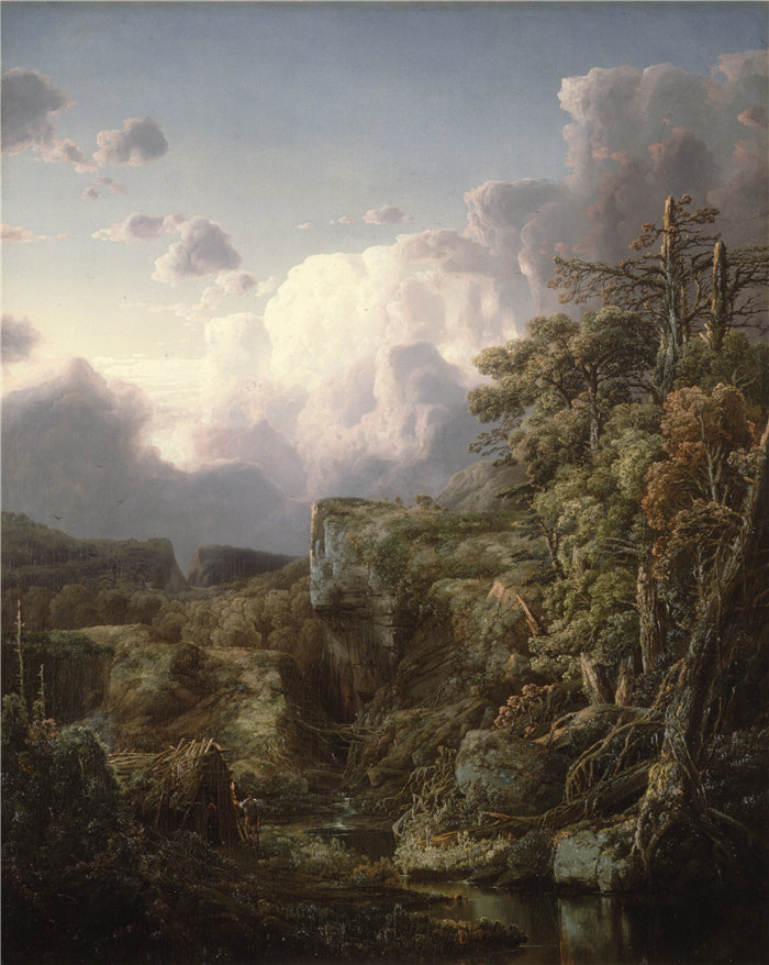 威廉·路易斯·桑塔格 (William Louis Sonntag)-《山地景观》油画 美国