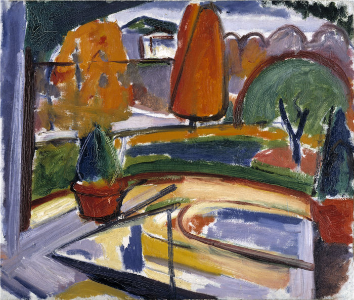 卡尔·纽曼 (Carl Newman)-有池塘的风景--纽曼的院子油画 美国