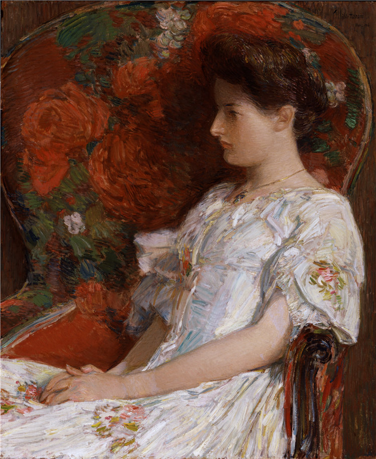 柴尔德·哈萨姆(Childe Hassam,1859-1935年)-《维多利亚时代的椅子》油画 美国