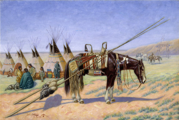 埃米尔·W·连德斯(Emil W. Lenders)-《营地的印第安人》油画 美国