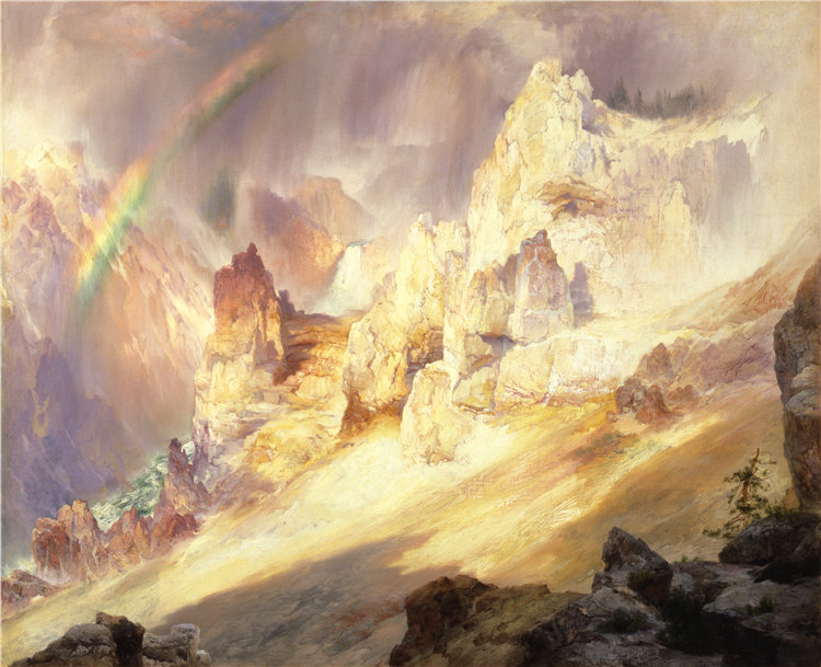 托马斯·莫兰 (Thomas Moran)-黄石大峡谷上空的彩虹油画 美国