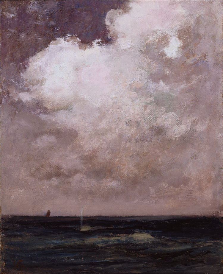 威廉·莫里斯·亨特 (William Morris Hunt)-《喷水的鲸鱼》油画 美国