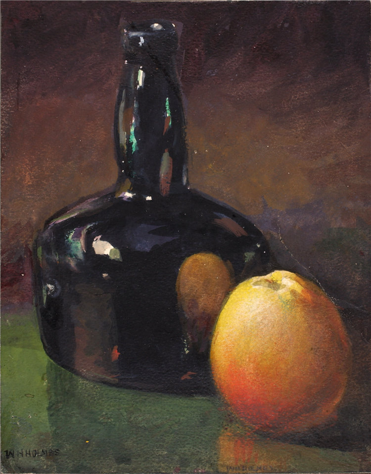 威廉·亨利·福尔摩斯（William Henry Holmes）-《静物——苹果和瓶子》水彩画 美国