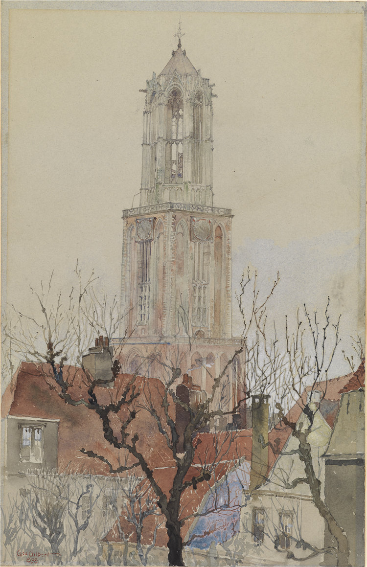 卡斯·吉尔伯特（Cass Gilbert）-《荷兰乌得勒支大教堂的塔》水彩 美国