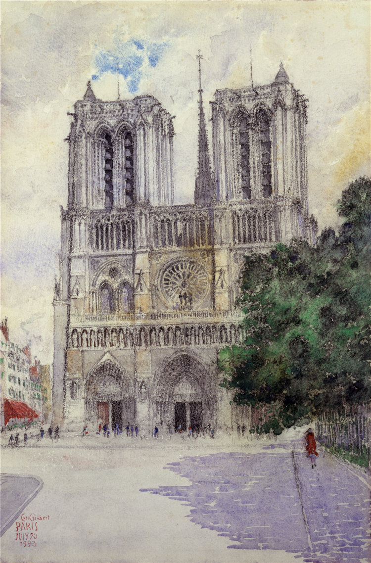 卡斯·吉尔伯特（Cass Gilbert）-《巴黎圣母院大教堂》水彩 美国