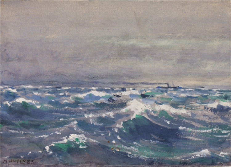 威廉·亨利·福尔摩斯（William Henry Holmes）-《1880 年，在新斯科舍省附近的不来梅轮船上》水彩画 美国