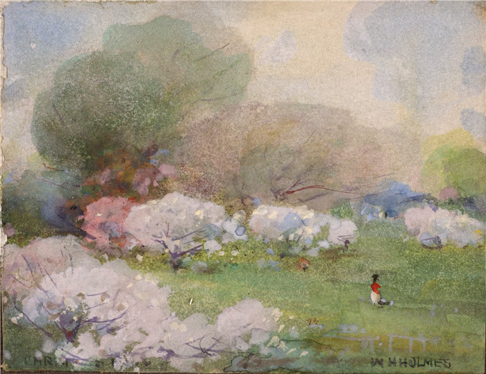 威廉·亨利·福尔摩斯（William Henry Holmes）-《樱花》水彩画 美国