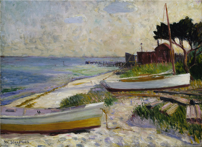 威廉·格拉肯斯 (William Glackens)-《海滩场景》油画 美国