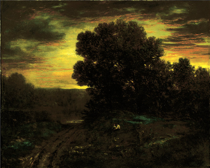 大卫·约翰逊（David Johnson）-《夕阳下的河流景观》油画 美国