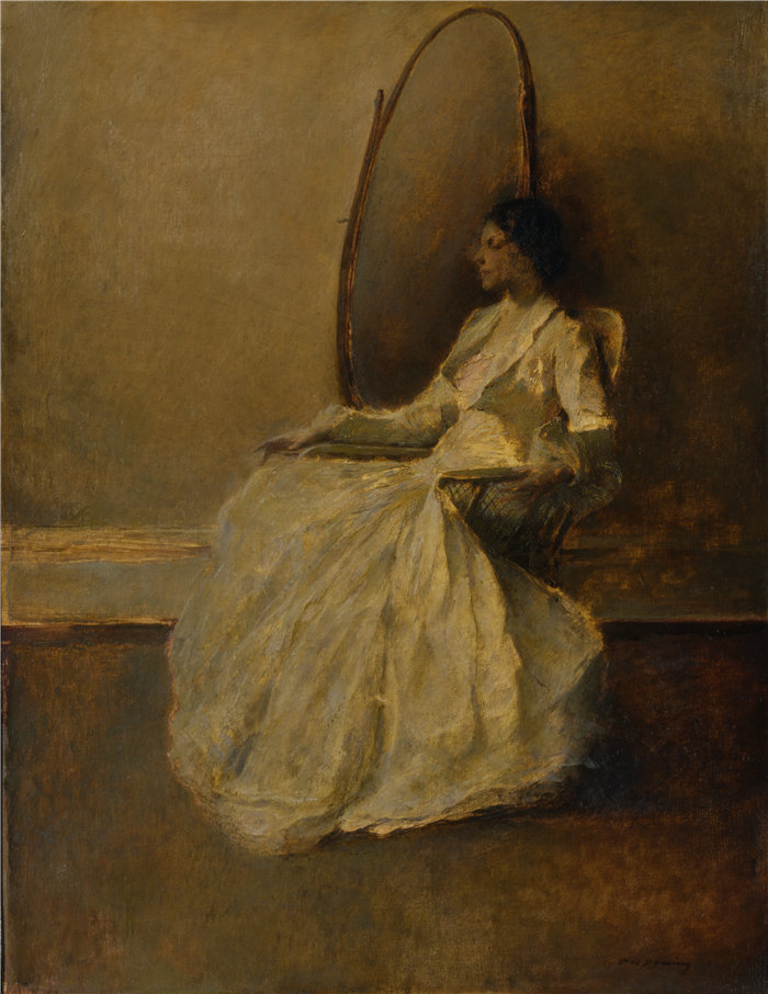 托马斯·威尔默·杜因 (Thomas Wilmer Dewing)-《白衣女郎》油画 美国