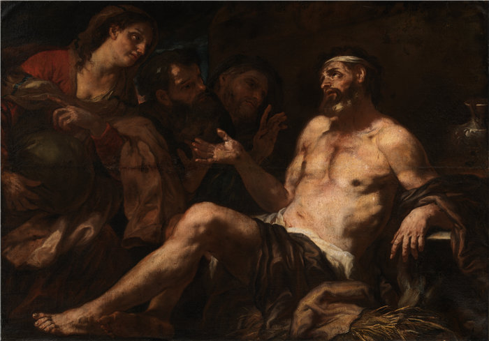 卢卡·佐丹奴（Luca Giordano），意大利人，1634–1705 年-《约伯和他的安慰者》油画