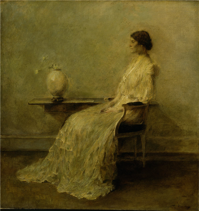 托马斯·威尔默·杜因 (Thomas Wilmer Dewing)-《白衣女郎》油画 美国 二