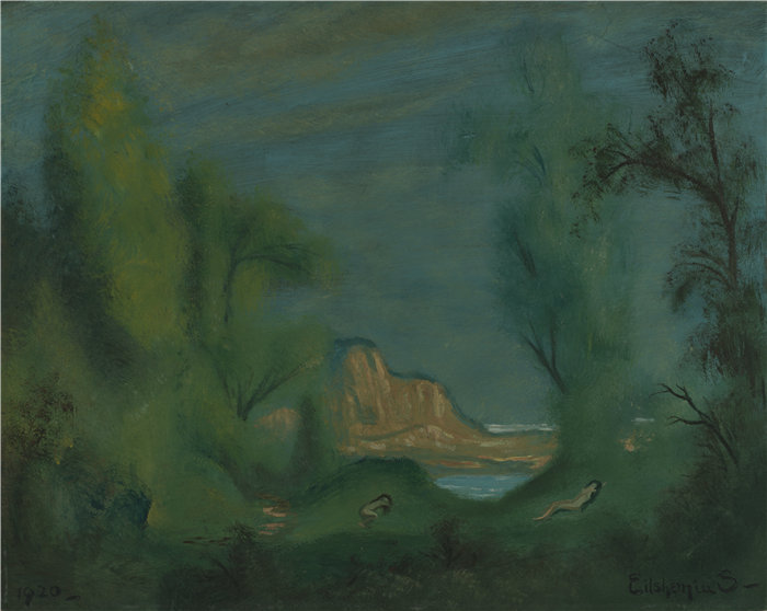 路易斯·艾西莫斯(Louis M. Eilshemius) -《睡觉的仙女》油画 美国