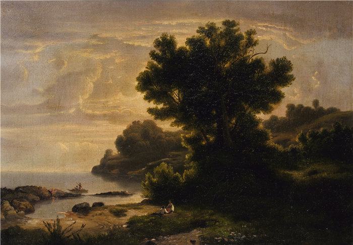 罗伯特·S·邓肯森 (Robert S. Duncanson)-《与家人在湖边的风景》油画