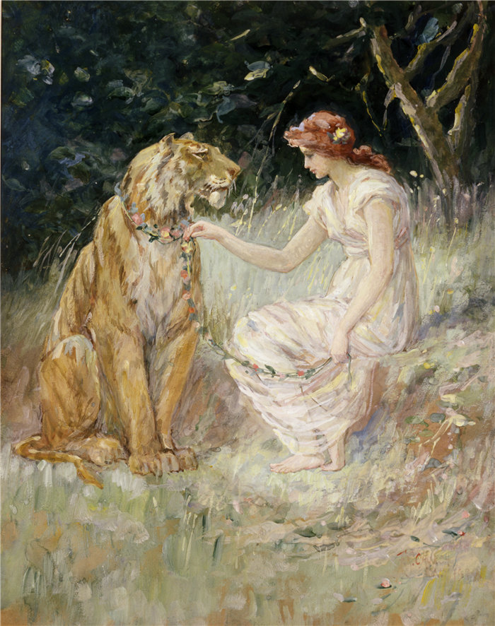弗雷德里克·斯图亚特·丘奇(Frederick Stuart Church)-《夫人与老虎》油画 美国