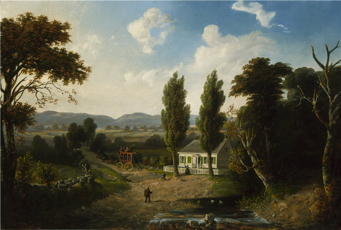 亨利·博斯 (Henry Boese)-《风景与驿马车》油画  美国