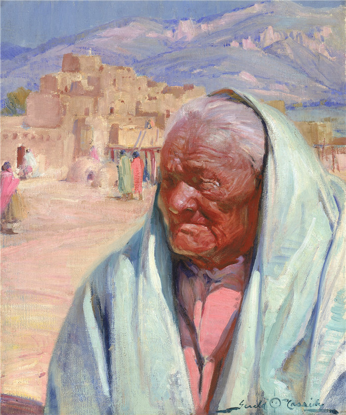 艾拉·D·杰拉尔德·卡西迪 (Ira D. Gerald Cassidy)-《 安东尼奥·孔查,陶斯老人》油画 美国