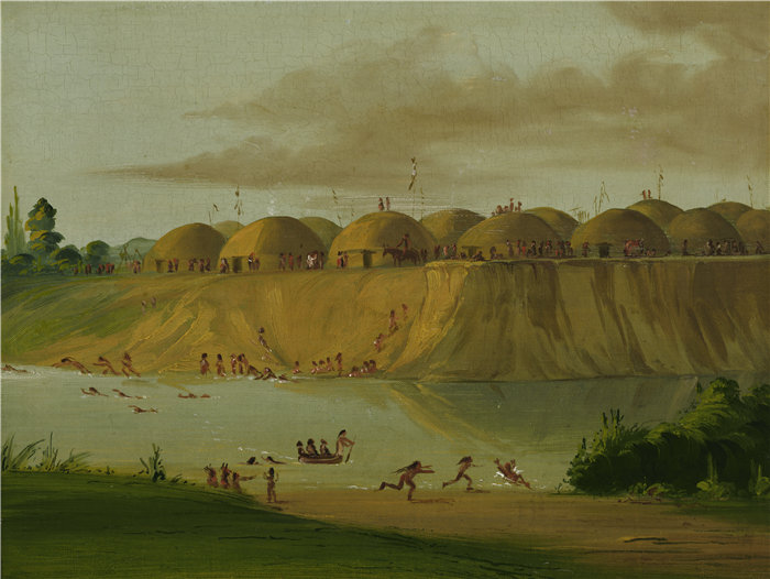 乔治·卡特林 (George Catlin)-《 Hidatsa 村,地球覆盖的小屋》油画 美国