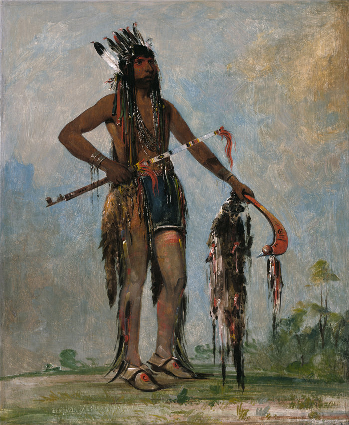 乔治·卡特林 (George Catlin)-《Ka-bés-hunk, 到处旅行的人, 一个战士》油画 美国