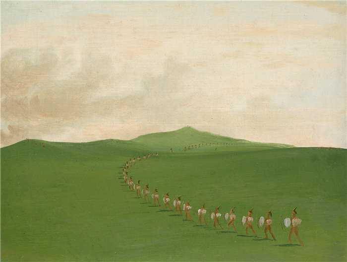 乔治·卡特林 (George Catlin)-《上密苏里州三月的徒步战争派对》油画 美国