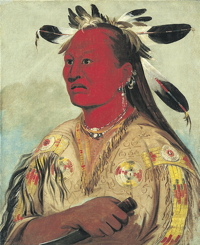 乔治·卡特林 (George Catlin)-《血手，部落首领》油画 美国