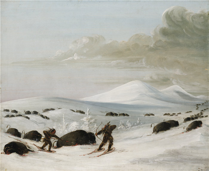 乔治·卡特林 (George Catlin)-《雪堆中的布法罗追逐，穿着雪鞋的印第安人》油画 美国