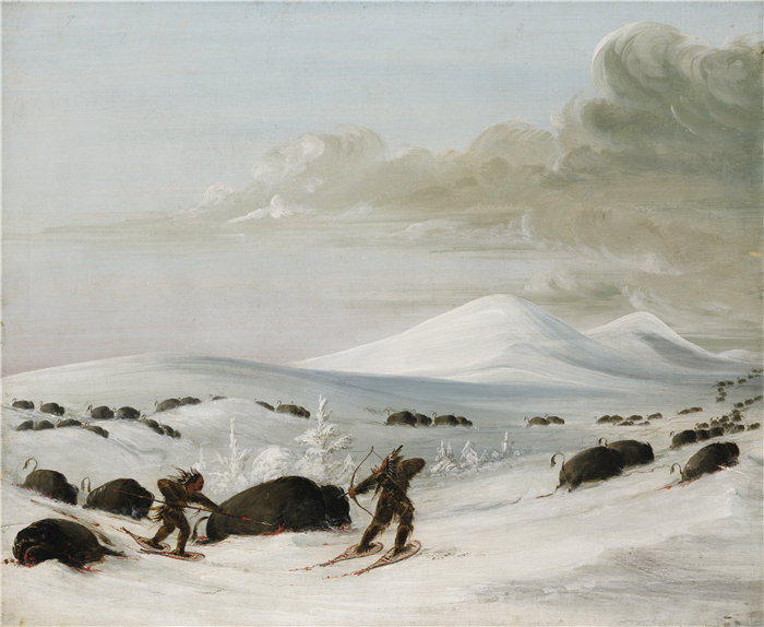 乔治·卡特林 (George Catlin)-《雪堆中的布法罗追逐,穿着雪鞋的印第安人》油画 美国