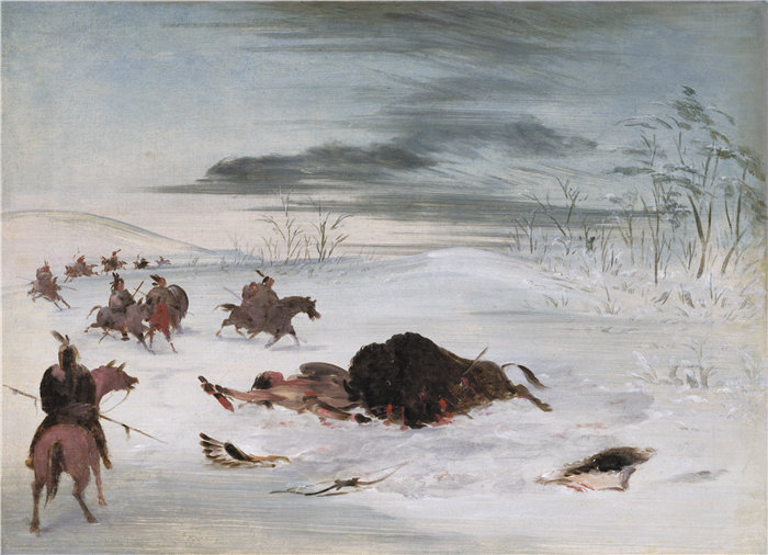 乔治·卡特林 (George Catlin)-《在雪堆中垂死的布法罗公牛》油画 美国