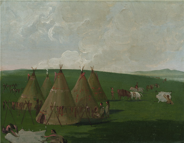 乔治·卡特林 (George Catlin)-《苏族人在密苏里州上游扎营》油画 美国