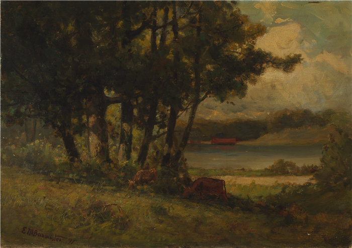 爱德华·米切尔·班尼斯特 (Edward Mitchell Bannister)-《河边奶牛吃草的风景》油画 美国