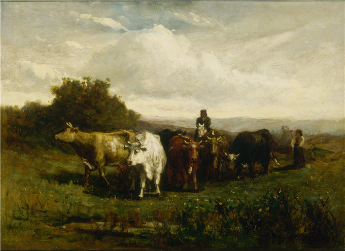 爱德华·米切尔·班尼斯特 (Edward Mitchell Bannister)-《男人骑马，女人步行赶牛》油画 美国
