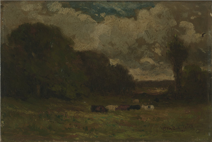 爱德华·米切尔·班尼斯特 (Edward Mitchell Bannister)-《有牛和树的风景》油画 美国