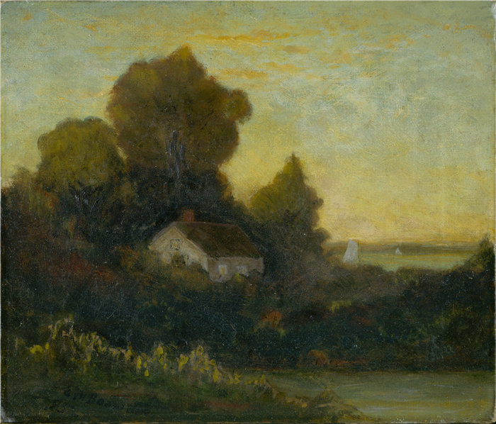 爱德华·米切尔·班尼斯特 (Edward Mitchell Bannister)-《湖边树林中的房子》油画 美国