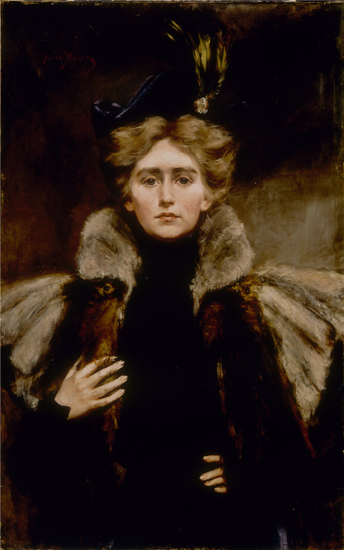 爱丽丝·派克·巴尼 (Alice Pike Barney)-《穿着毛皮斗篷的娜塔莉》油画 美国