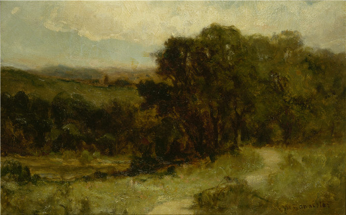 爱德华·米切尔·班尼斯特 (Edward Mitchell Bannister)-《靠近溪流和树木的道路景观》油画 美国
