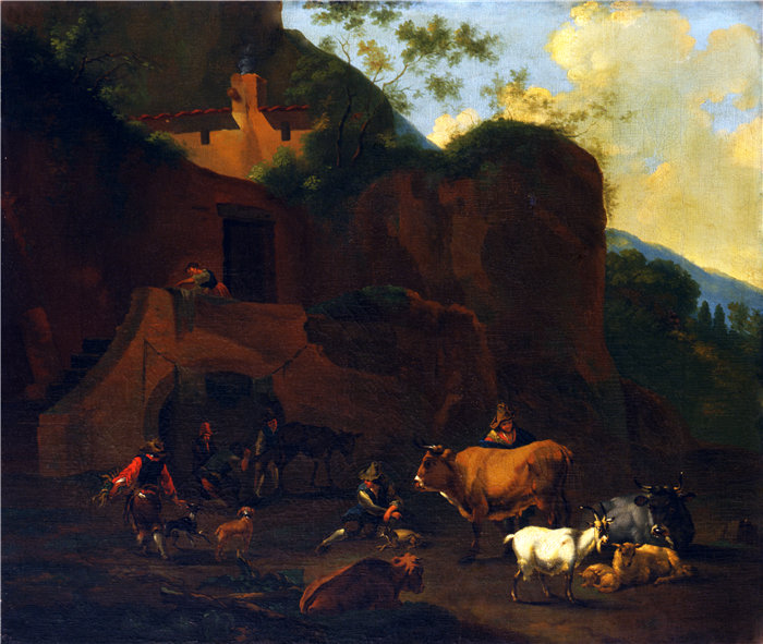 尼古拉·波桑（Nicholaes Berchem）-《农民和牛》油画 荷兰