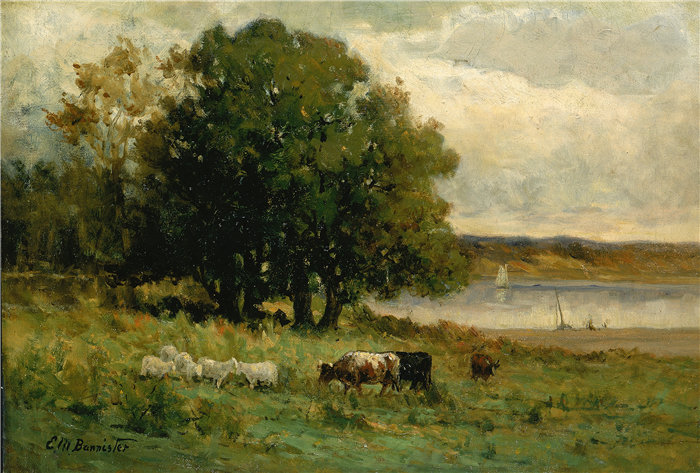 爱德华·米切尔·班尼斯特 (Edward Mitchell Bannister)-《河边的牛和帆船》油画 美国